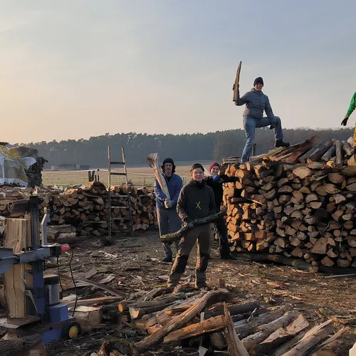 Menschen posieren um ein fast fertigen Holzmeiler herum und darauf.